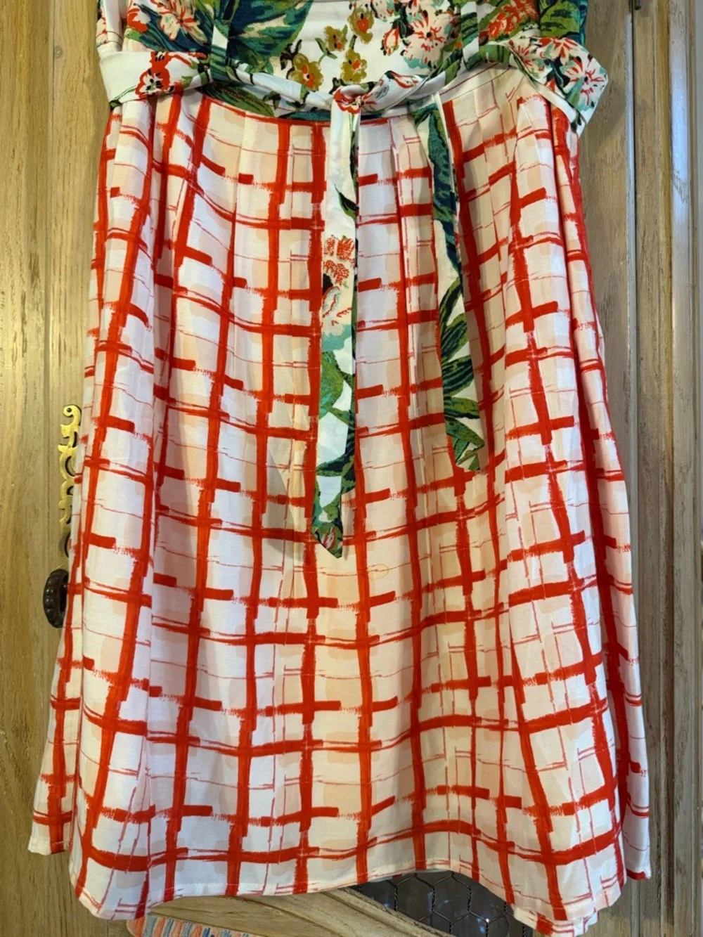 Maeve Anthro Floral Waistband Red Grid A-Line Skirt - Picture 4 of 6